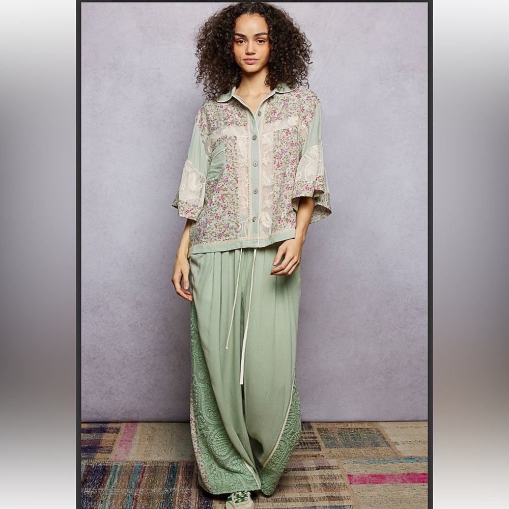 POL Sage Green Embroidered Wide-Leg Jumpsuit Set